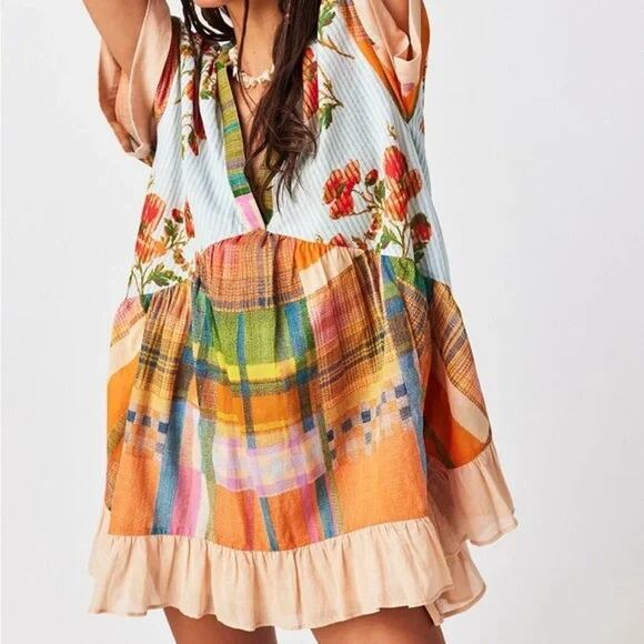 Free People Printed Agnes Dress XS Oversized Boho Plaid Floral Festival Pockets - Picture 1 of 10